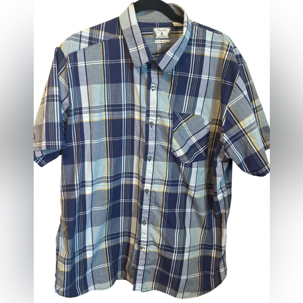 Volcom Blue and Yellow Plaid Men's Shirt